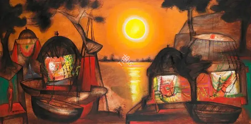 Manu Parekh (Artist), Sunset Prayer at Banares, 2012, Painting
