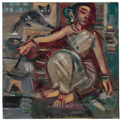 B.B. Mukherjee (Artist), Frying Fish, 1953, Painting