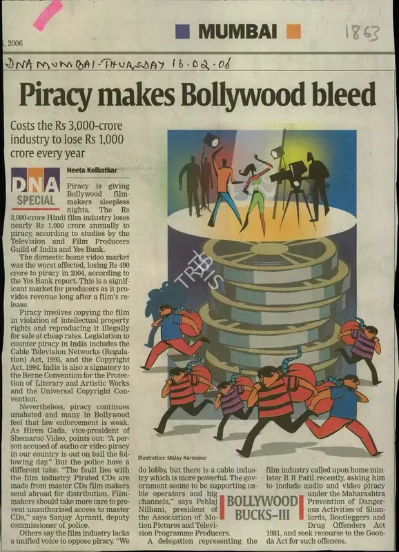 Neeta Kolhatkar (Reporter), Piracy makes Bollywood bleed, 2006, Newspaper Clipping