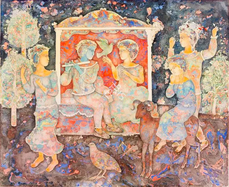 Sakti Burman (Artist), L'espoir, Korishna ou I'amour (Hope, Krishna or Love), 1990, Painting