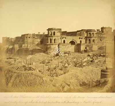 Felice Beato (Photographer), The Muchee Bhawun or old citadel of Lucknow which Sir Henry Lawrence abandoned and partly blew up, when he took up his position in the Residency or Baillie Guard, Lucknow, 1858, Antiquarian Photograph