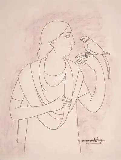 Lalu Prasad Shaw (Artist), Woman with parrot, 1997, Drawing