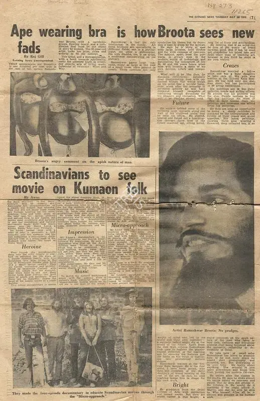 Raj Gill (Writer), Ape Wearing Bra is How Broota Sees Bew Fads, 1971, Newspaper clipping