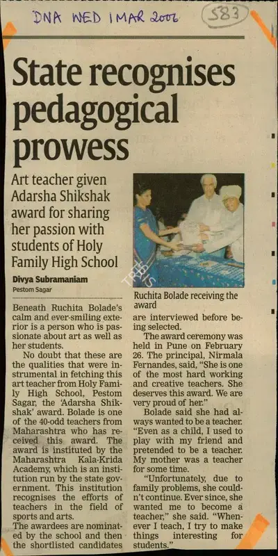 Divya Subramaniam (Reporter), State Recognises Pedagogical Prowess, 2006, Newspaper Clipping