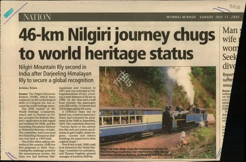 Jayaraj Sivan (Writer), 46-Km Nilgiri Journey Chugs to World Heritage Status, 2005, Newspaper Clipping