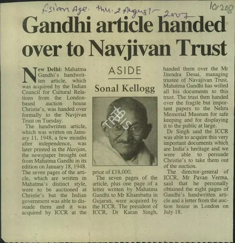 Sonal Kellogg (Reporter), Gandhi Article Handed over to Navjivan Trust, 2007, Newspaper Clipping