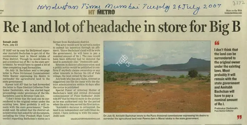 Satyajit Joshi (Reporter), Re 1 and lot of Headache in Store for Big B, 2007, Newspaper Clipping
