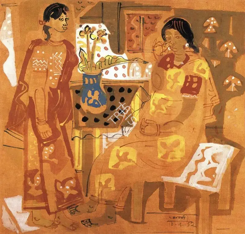 K.G. Subramanyan (Artist), Girls in Interior, 1952, Painting