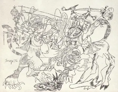 F.N. Souza (Artist), Goddess Slaying the Buffalo Demon, 1972, Drawing