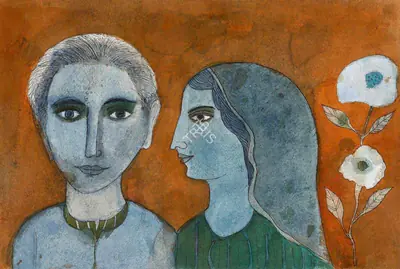 Badri Narayan (Artist), Man, Woman & a Pair of Flowers, 2004, Painting