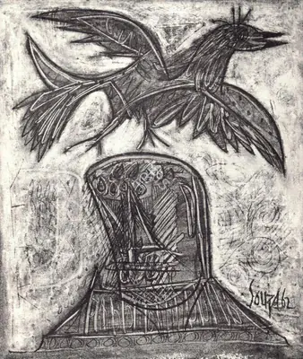 F.N. Souza (Artist), Man with Bird, 1962, Drawing