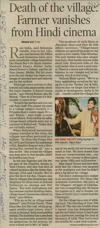 Meena Iyer (Reporter), Death of the Village: Farmer Vanishes from Hindi Cinema, 2007, Newspaper Clipping