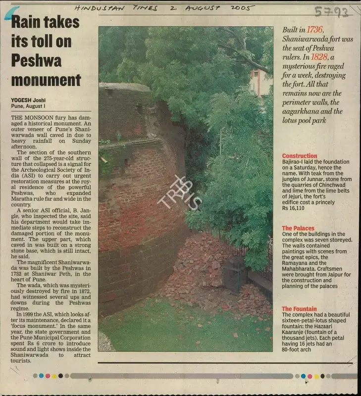 Yogesh Joshi (Writer), Rain Takes Its Toll On Peshwa Monument, 2005, Newspaper Clipping