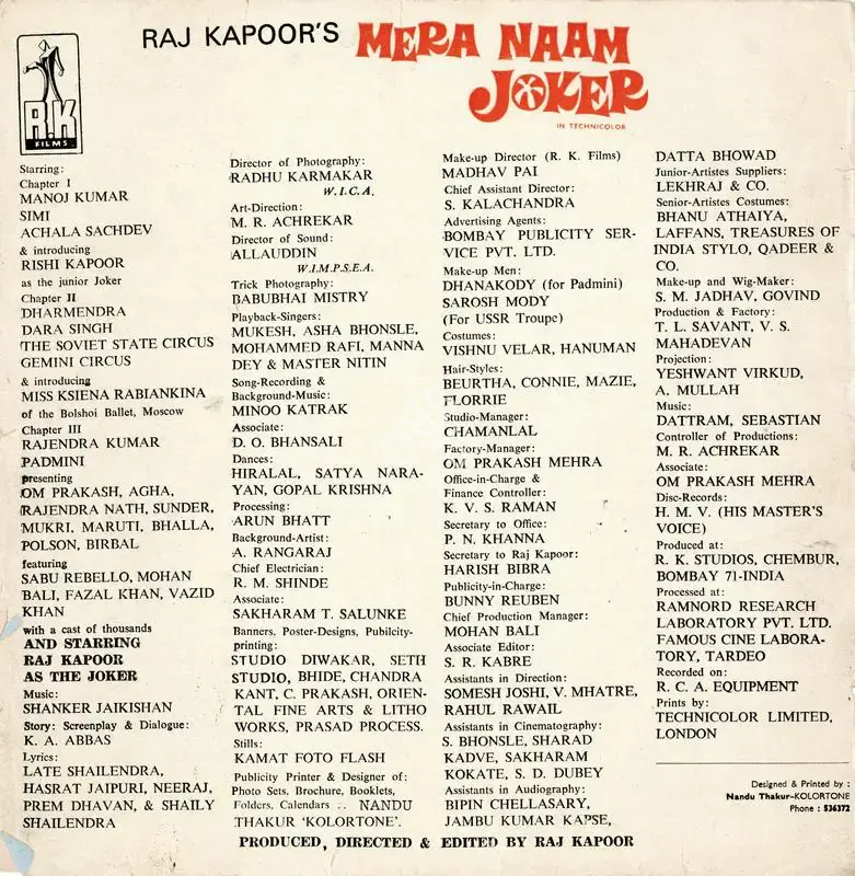 Raj Kapoor (Producer), Mera Naam Joker, 1970, Song Synopsis Booklet
