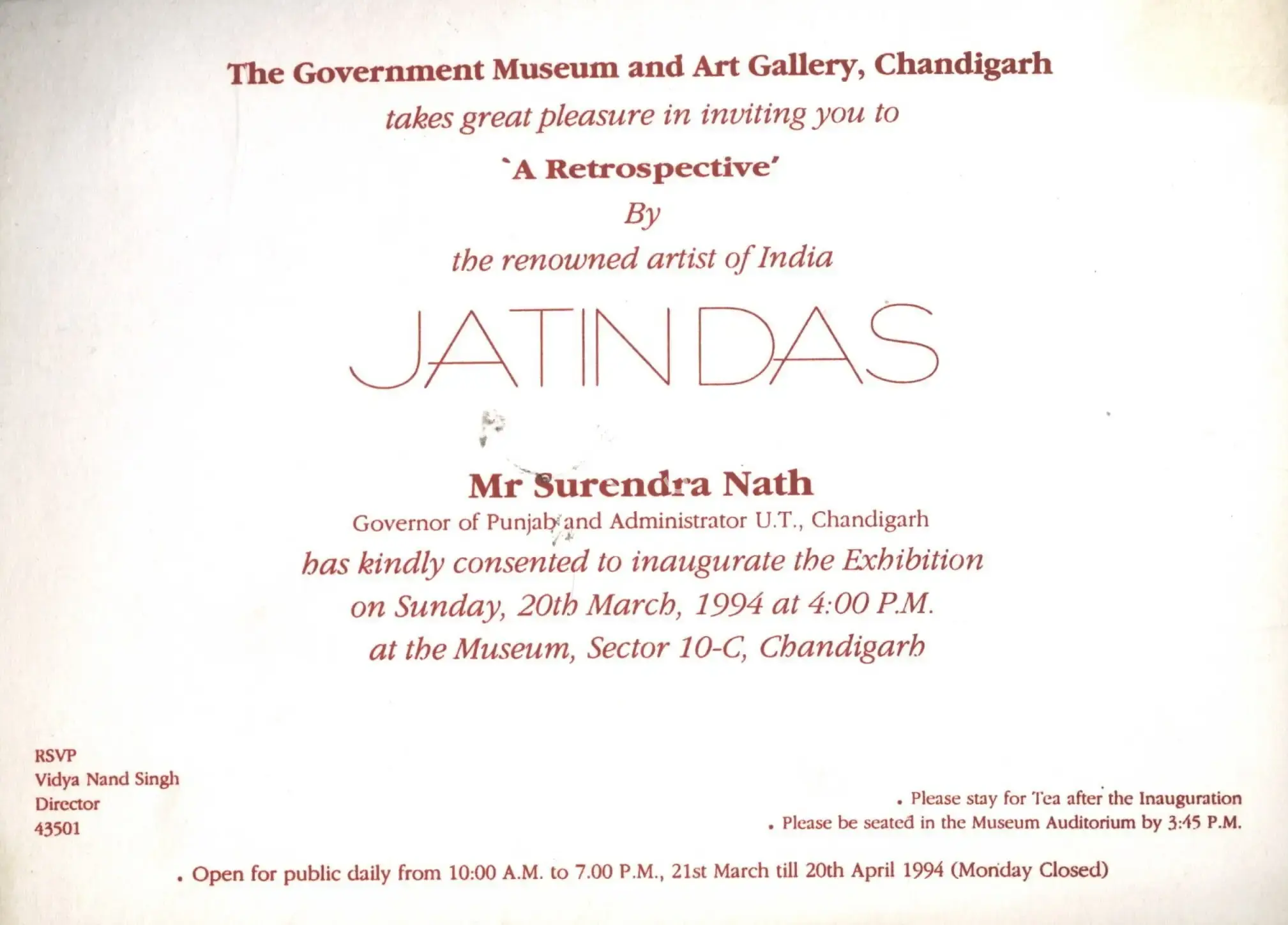 Jatin Das (Artist), Jatin Das, 1994, Solo Exhibition Invitation