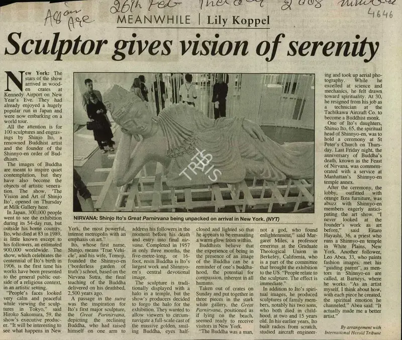 Lily Koppel (Reporter), Sculptor gives Vision of Serenity, 2008, Newspaper Clipping