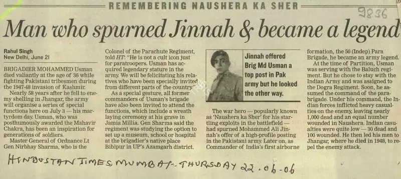 Rahul Singh (Reporter), Man Who Spurned Jinnah & Became a Legend, 2006, Newspaper Clipping