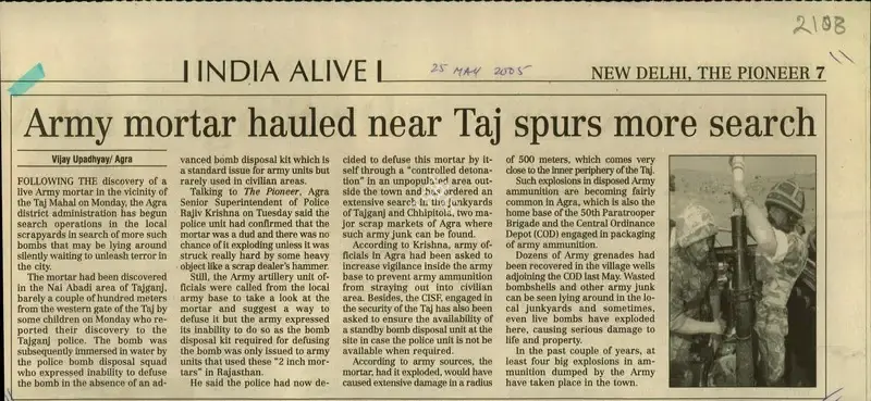 Vijay Upadhyay (Reporter), Army Mortar Hauled Near Taj Spurs More Search, 2005, Newspaper Clipping