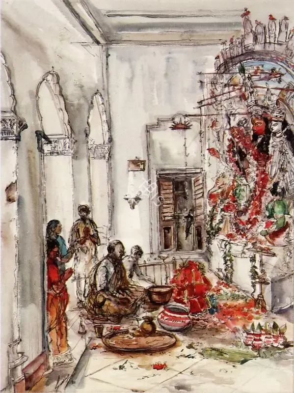 Swaroop Mukherji (Artist), Puja at the Sova Bazaar, Rajbari, Kolkata, 2000, Painting