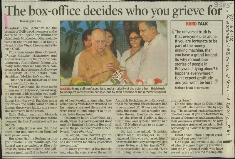 Meena Iyer (Writer), The Box- Office Decides Who You Grieve For, 2006, Newspaper Clipping