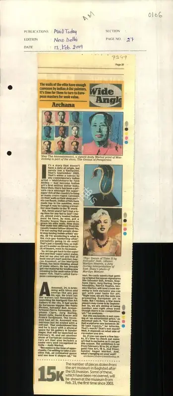 Archana Khare (Reporter), The Walls of the Elite have Enough Canvases by Indian A - List Painters. It's Time for them to Turn to European Masters for Snob Value, 2009, Newspaper Clipping