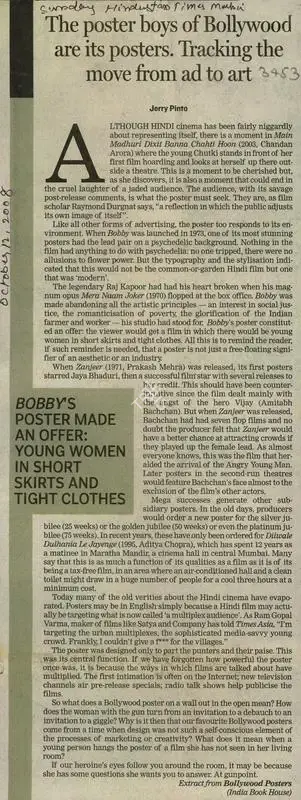 Jerry Pinto (Writer), The Poster Boys of Bollywood are its Posters. Tracking the Move from Ad to Art, 2008, Newspaper Clipping