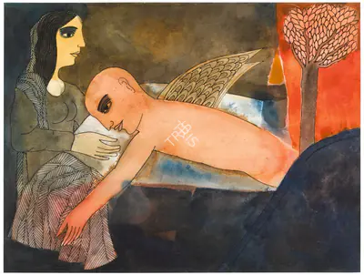 Badri Narayan (Artist), Winged figure reclining, 1996, Painting