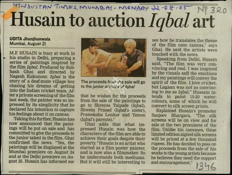 Udita Jhunjhunwala (Reporter), Husain to Auction Iqbal Art, 2005, Newspaper Clipping