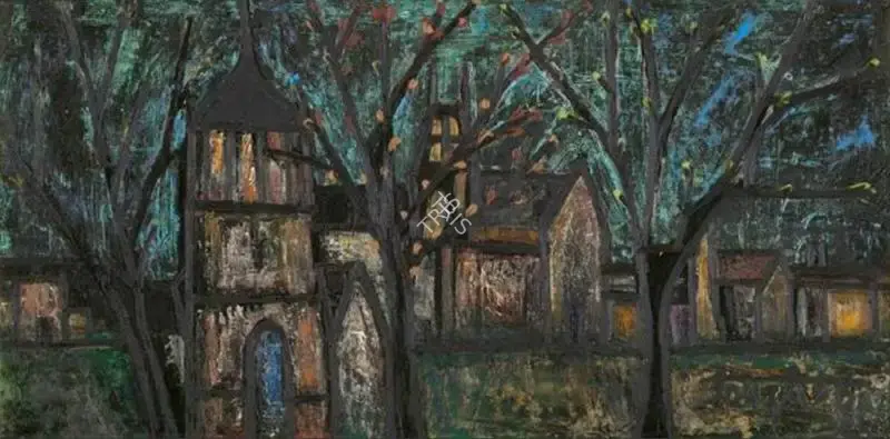 Souza, F.N. (Artist). Untitled (Night Landscape with Flowering Trees), 1956 | Painting, Sa.Mum/13.07.21, 2021 · Saffronart