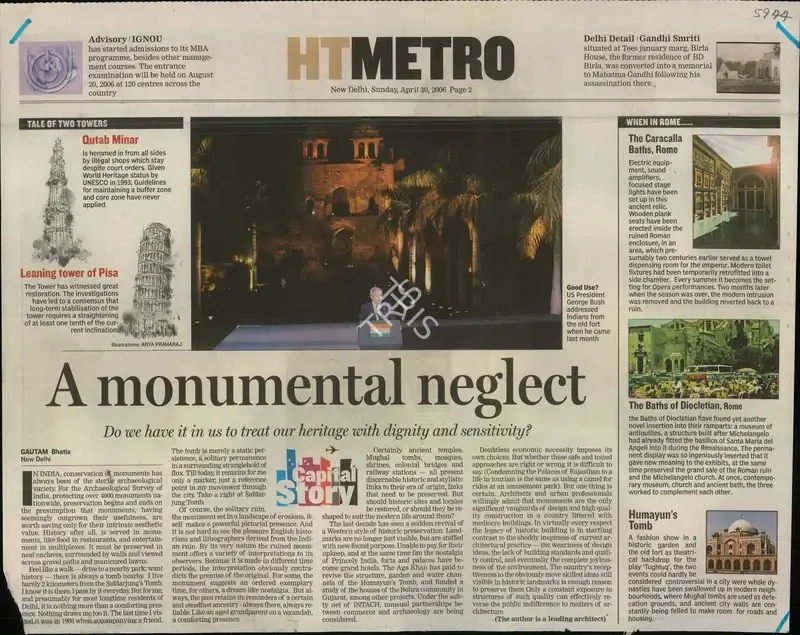 Gautam Bhatia (Reporter), A Monumental Neglect, 2006, Newspaper Clipping