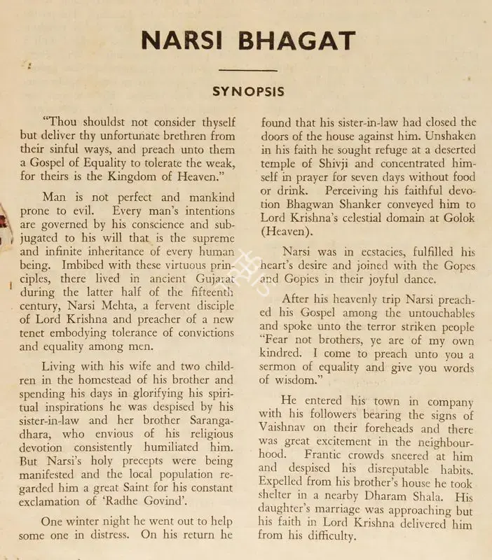 Vijay Bhatt (Director), Narsi Bhagat, 1940, Song-Synopsis Booklet