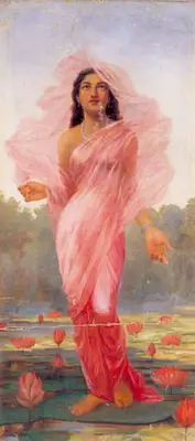 Raja Ravi Varma (Artist), Lady Standing on Lotuses, 1897, Painting