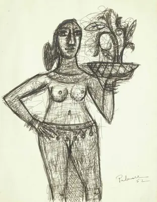 Akbar Padamsee (Artist), Untitled (Girl with Flowers), 1952, Drawing