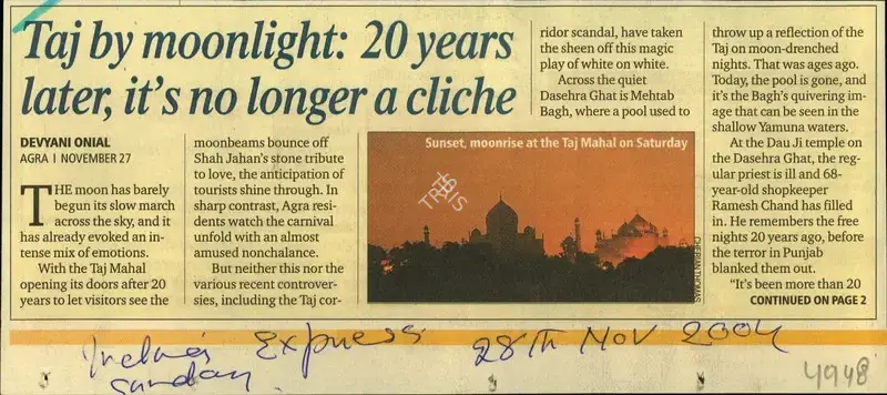 Devyani Onial (Reporter), Taj by Moonlight, 2004, Newspaper Clipping