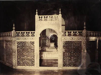 Lala Deen Dayal (Photographer), Marble enclosure with cenotaph of Mumtaz Mahal and Shah Jahan within the Taj Mahal, Agra, 1880, Antiquarian Photograph