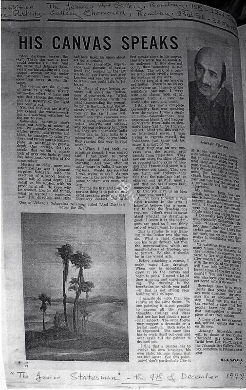 Mira Savara (Writer), His canvas speaks, 1972, Newspaper Clipping