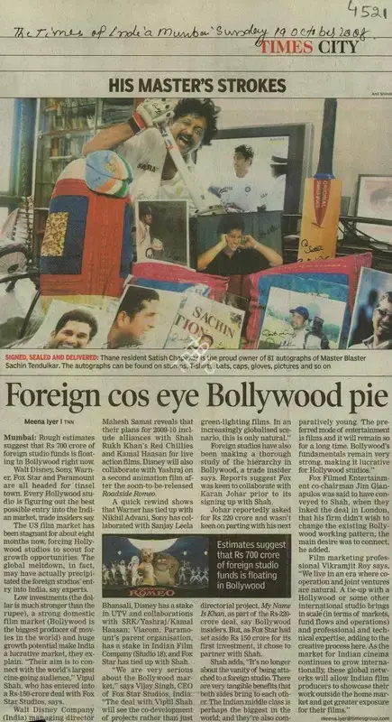 Meena Iyer (Reporter), Foreign cos eye Bollywood Pic, 2008, Newspaper Clipping