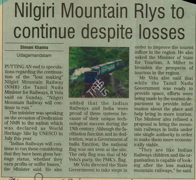 Shivani Khanna (Reporter), Nilgiri Mountain Rlys To Continue Despite Losses, 2000, Newspaper Clipping