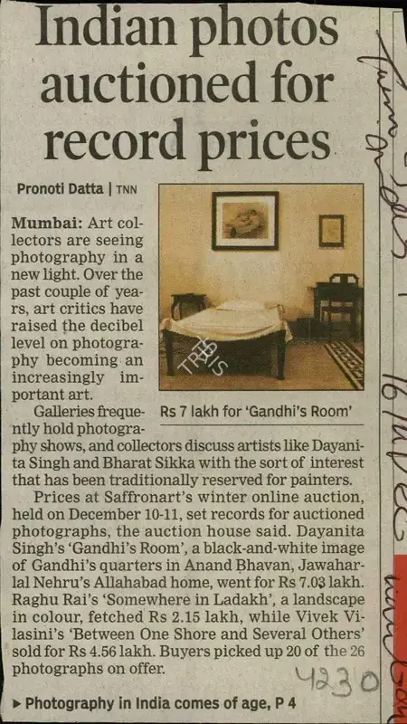 Pronoti Datta (Reporter), Indian Photos Auctioned for Record Prices, 2008, Newspaper Clipping