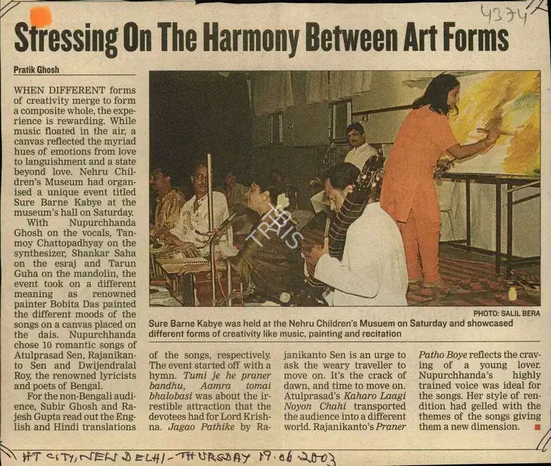 Pratik Ghosh (Reporter), Stressing on the Harmony Between Art Forms, 2003, Newspaper Clipping