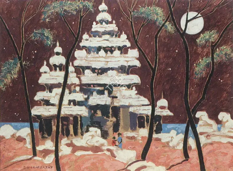 A.A. Almelkar (Artist), Moonlit Temple, 1962, Painting
