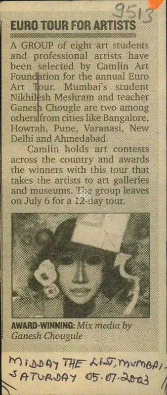 Ganesh Chougule (Reporter), Euro Tour For Artists, 2003, Newspaper Clipping