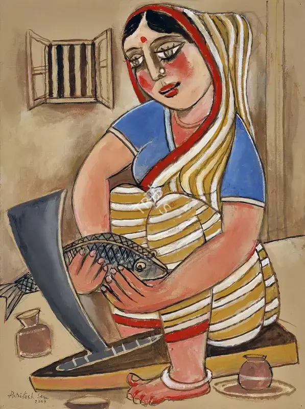 Paritosh Sen (Artist), Woman Cutting A Fish, 2004, Painting