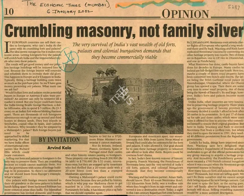 Arvind Kala (Reporter), Crumbling Masonry, not Family Silver, 2002, Newspaper Clipping