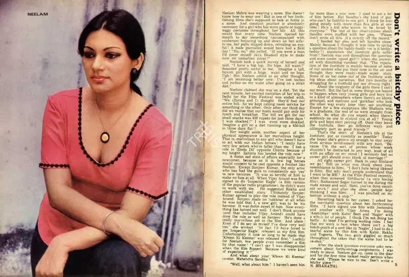 N. Bharathi (Interviewer), Don't write a bitchy piece, 1975, Conversation