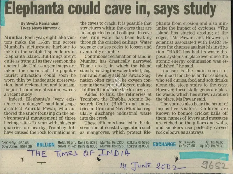 Sweta Ramanujan (Reporter), Elephanta Could Cave in, Says Study, 2002, Newspaper Clipping
