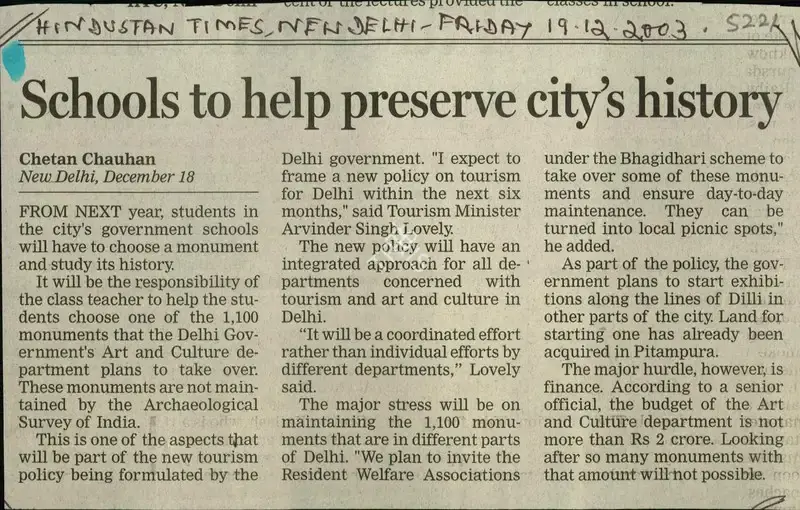 Chetan Chauhan (Reporter), Schools to Help Presereve City's History, 2003, Newspaper Clipping