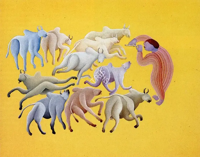 Manjit Bawa (Artist), Cows with Krishna, 1981, Painting