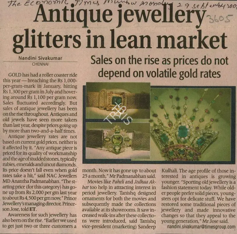 Nandini Sivakumar (Reporter), Antique Jewellery Glitters in Lean Market, 2008, Newspaper Clipping