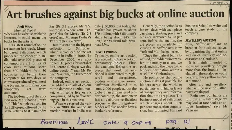 Amit Mitra (Reporter), Art brushes against big bucks at online auction, 2008, Newspaper Clipping